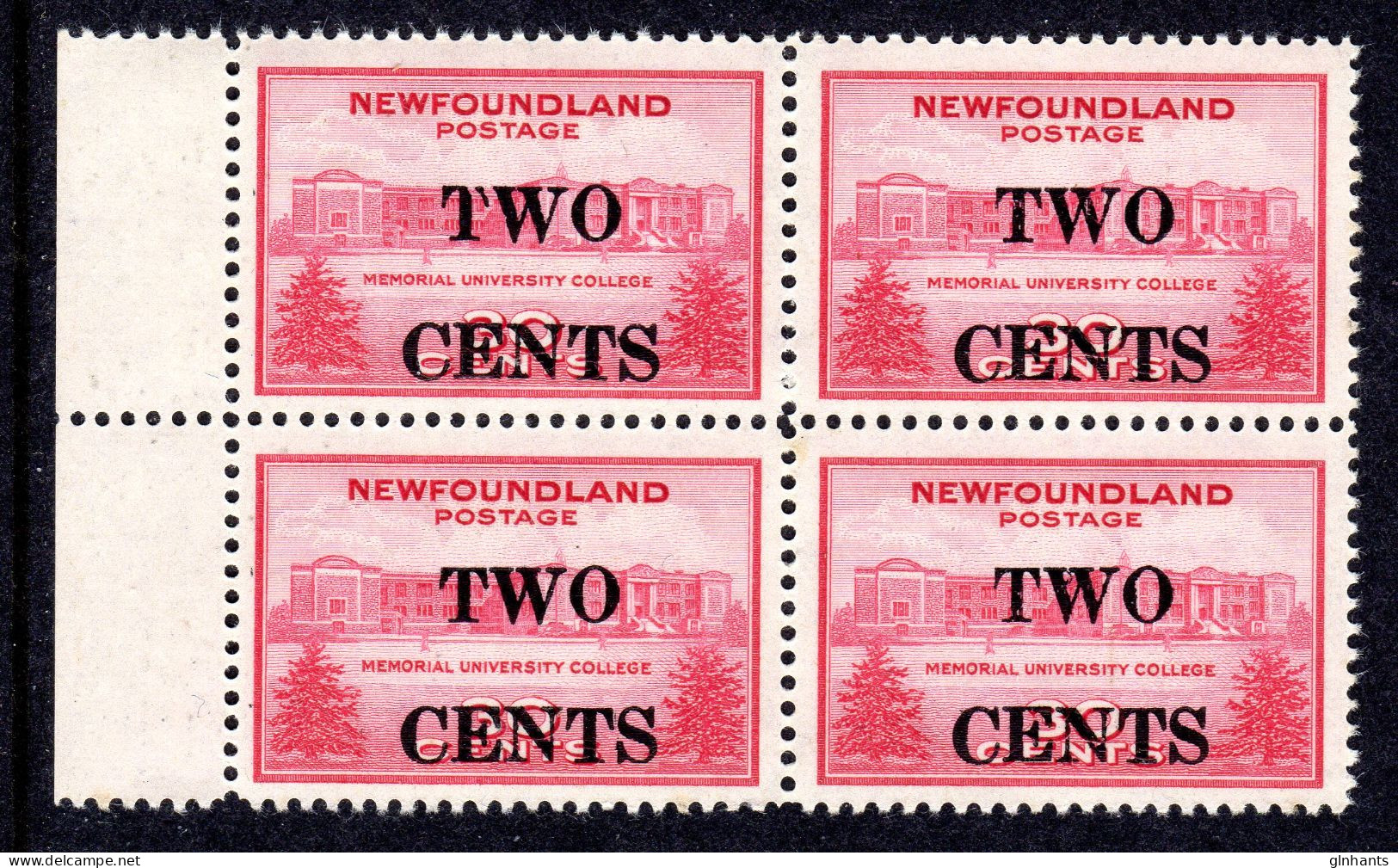 NEWFOUNDLAND - 1946 2c ON 4c MARGINAL BLOCK OF 4 FINE MNH ** SG 292 X 4 - 1908-1947