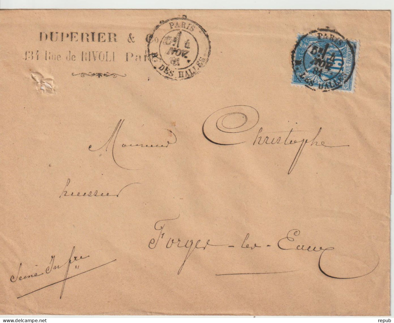France Lettre 1881 De Paris Bd Des Halles Pour Forges (76) - 1877-1920: Semi Modern Period