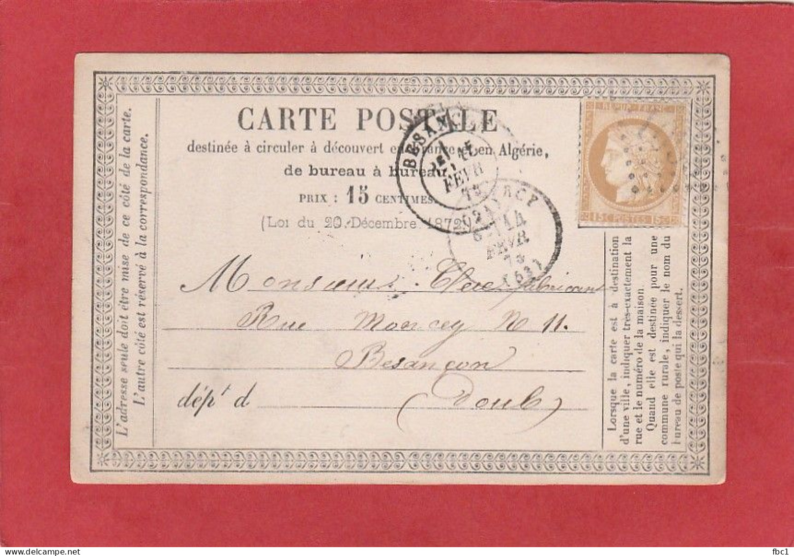 Carte Postale - Meuse - Commercy GC 1093 Sur Cérès N°55 15C Vers Besançon 1875 - Precursor Cards