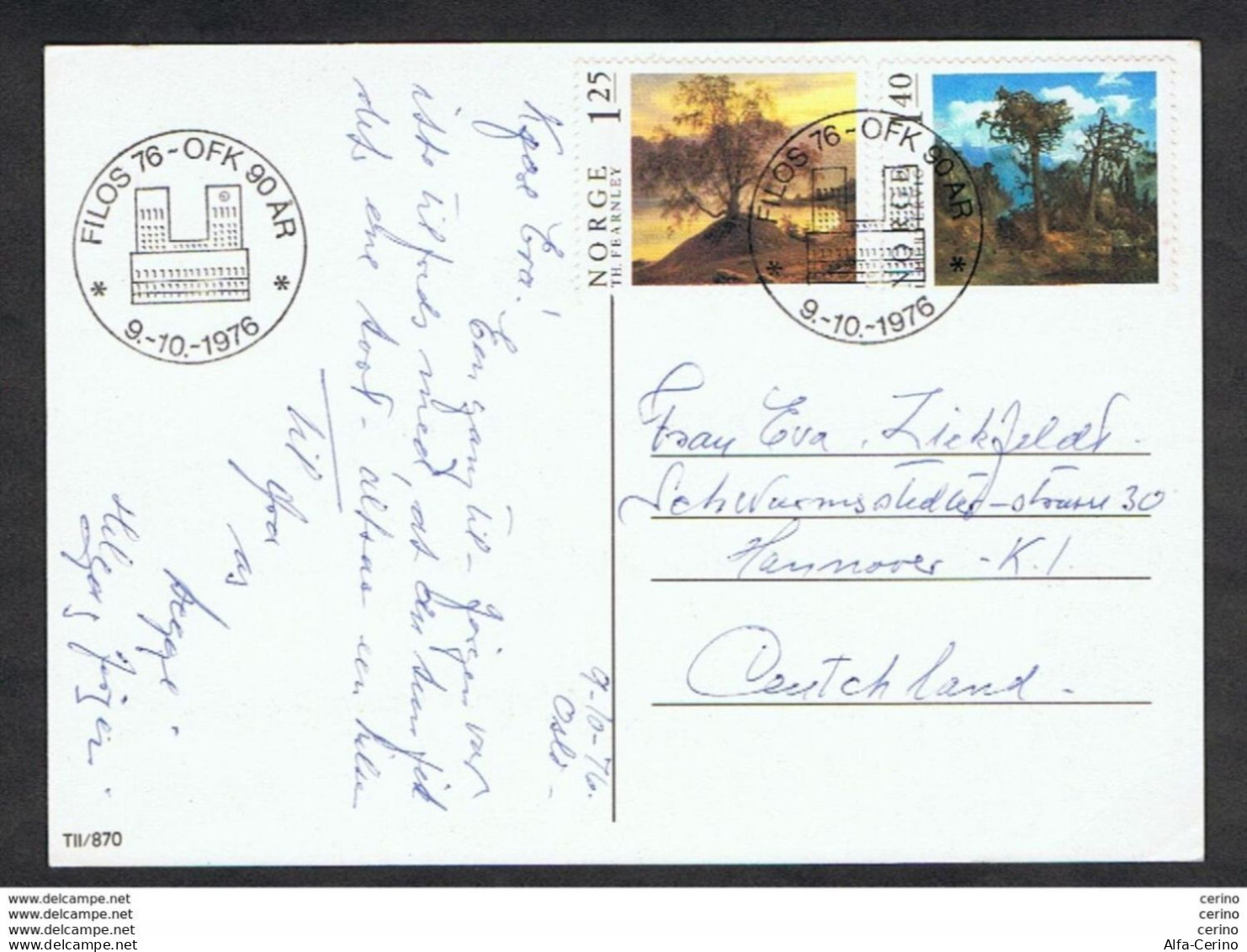 NORWAY: 9-10-1976 ILLUSTRATED POSTCARD "FILOS 76" WITH: 125 Ore + 140 Ore (688 + 689) - TO GERMANY - Storia Postale