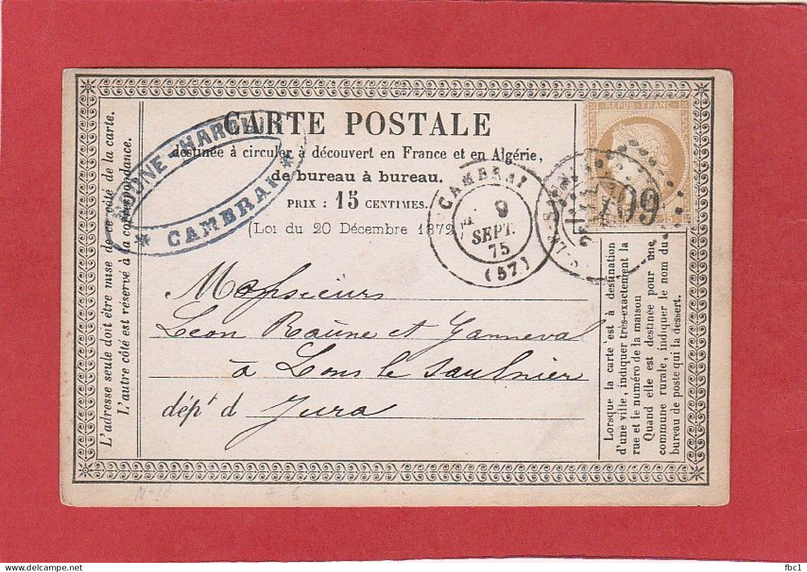 Carte Postale - Nord - Cambrai GC 709 Sur Cérès N°55 15C Vers Lons Le Saunier 1875 - Vorläufer