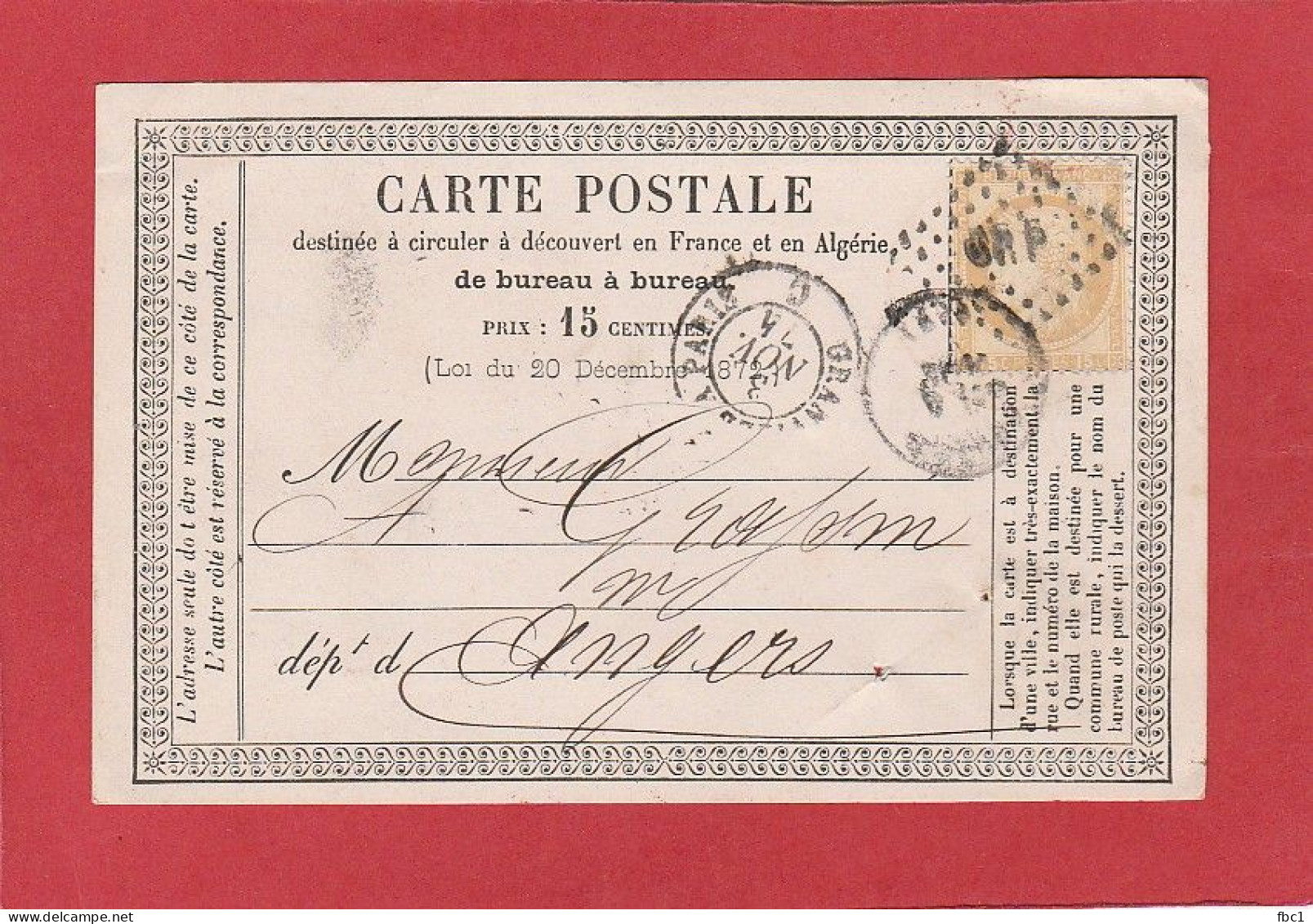 Carte Postale - Ambulant Granville à Paris Sur Cérès N°55 15C Vers Angers 1874 - Precursor Cards