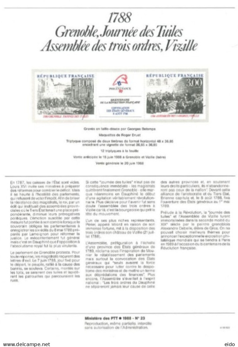 FRANCE : 1988 - SPECIAL CARD SHEET OF 1788 GRENOBLE DAYTIME OF TUILES. - Otros & Sin Clasificación