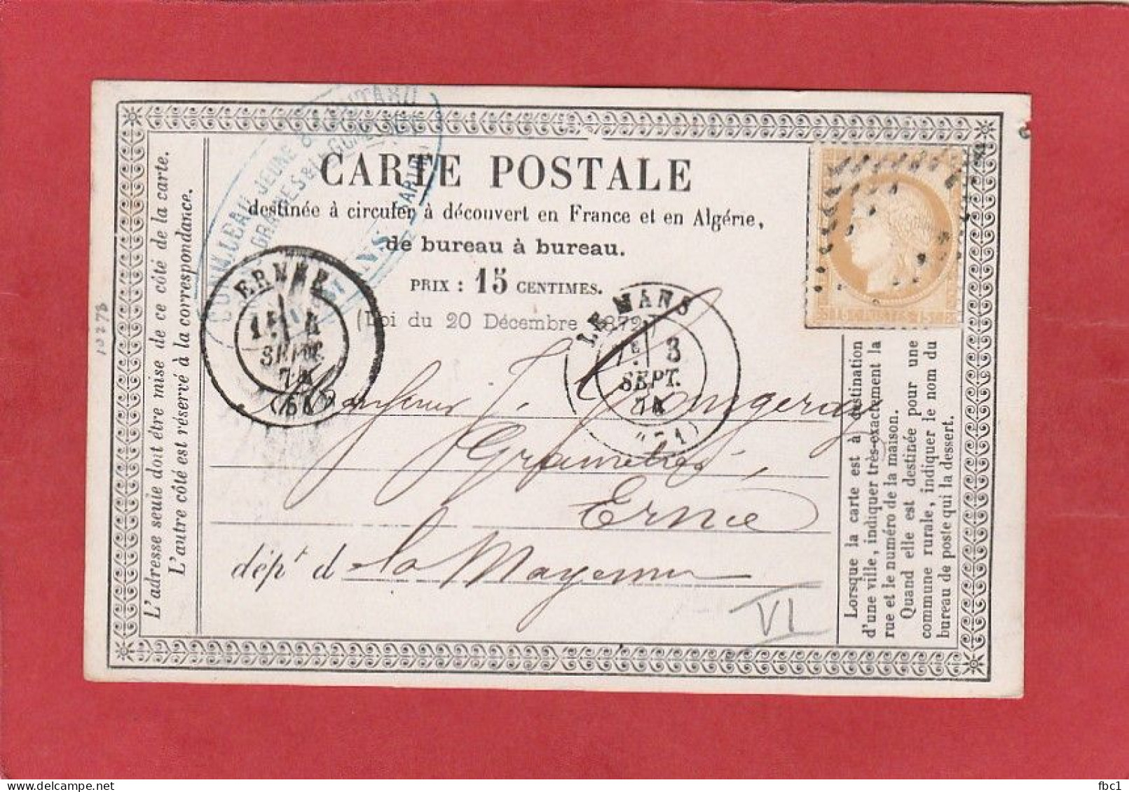 Carte Postale - Sarthe Le Mans Sur Cérès N°55 15C Vers Ernée (Mayenne) 1874 - Precursor Cards