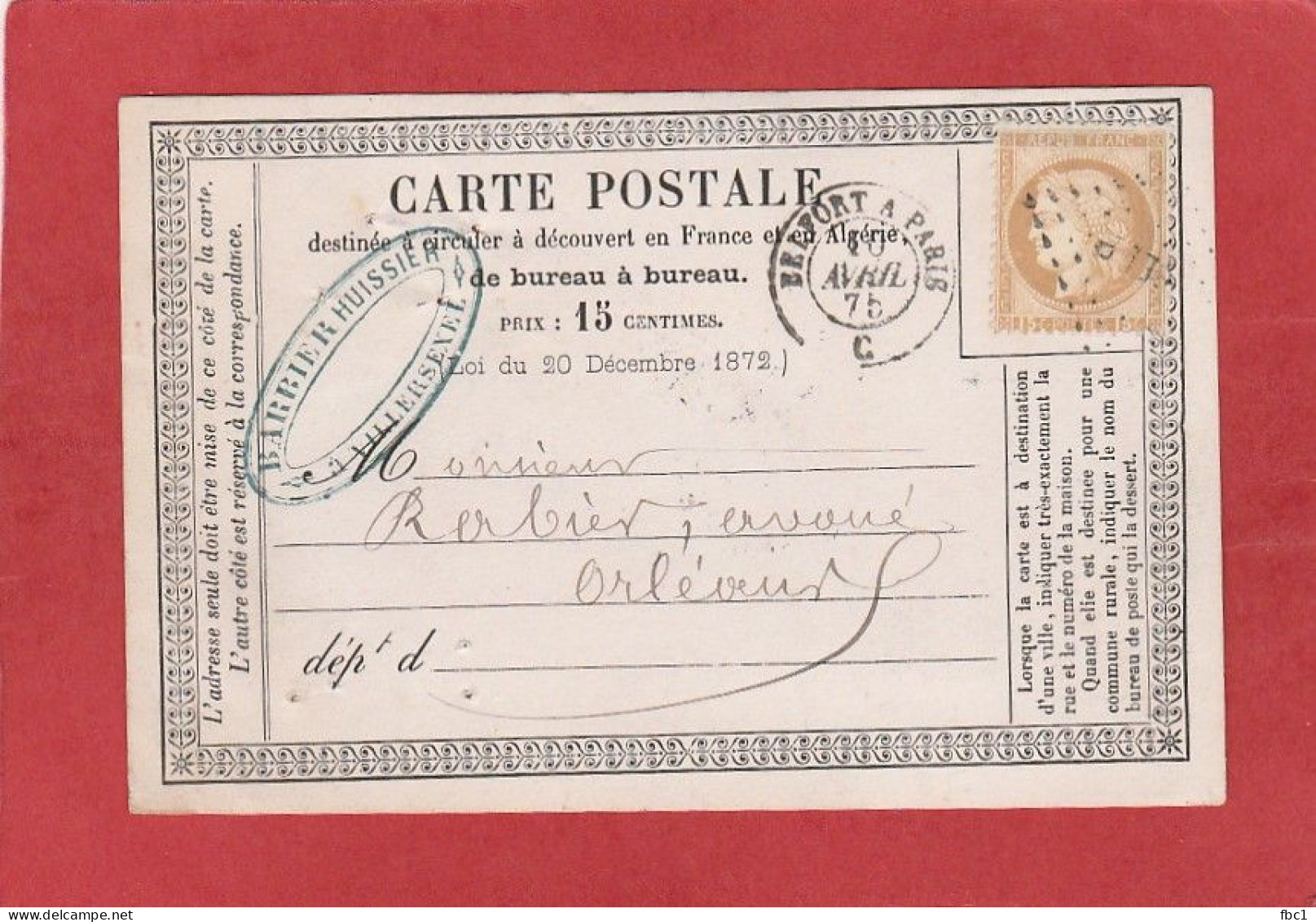 Carte Postale - Ambulant Belfort à Paris C Sur Cérès N°55 15C Vers Orléans 1875 (départ De Villersexel) - Vorläufer