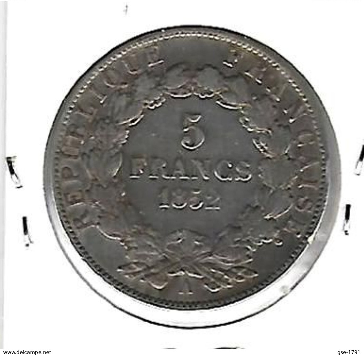 FRANCE NAPOLEON III  5 Francs Argent # 329 , , 1852 A  Tête Nue  TB - 5 Francs