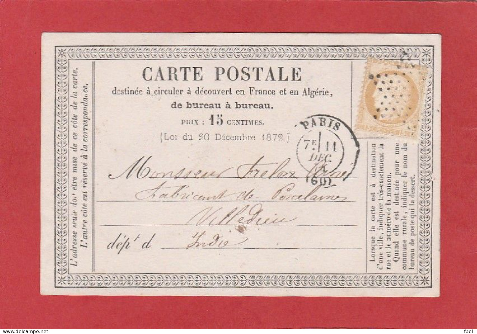 Carte Postale - Paris étoile Muette Sur Cérès N°55 15C Vers Villedieu 1874 - Voorloper Kaarten