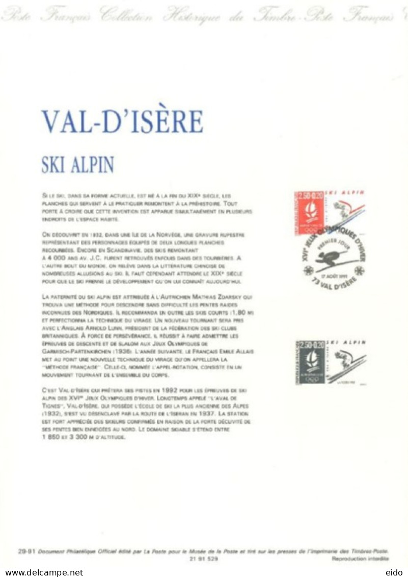 FRANCE : 1991 - SPECIAL CARD SHEET FOLDER OF FIRST DAY STAMP OF( SKI ALPIN ). - Andere & Zonder Classificatie