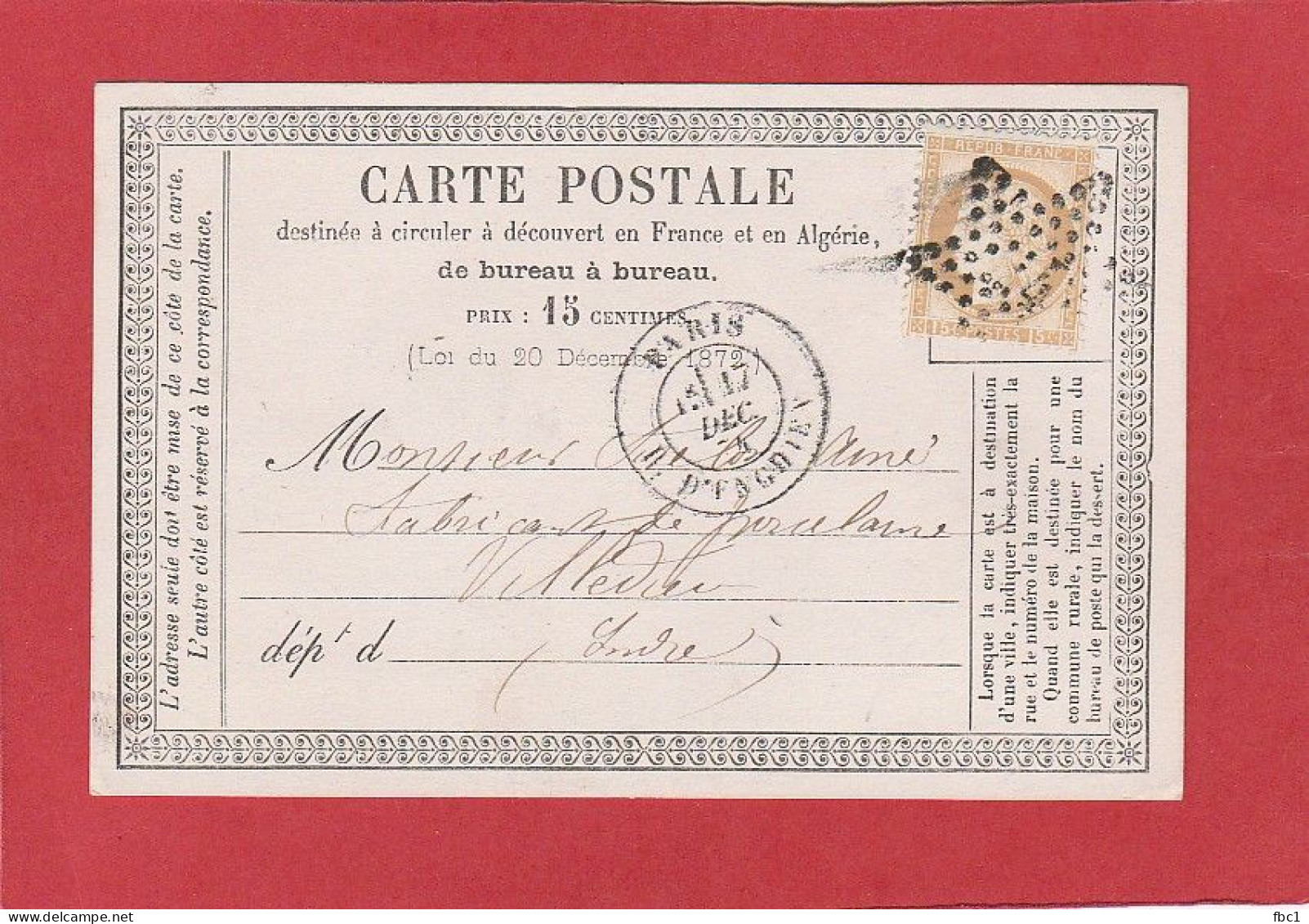 Carte Postale - Paris Rue D'Enghien Sur Cérès N°55 15C Vers Villedieu 1874 - Voorloper Kaarten