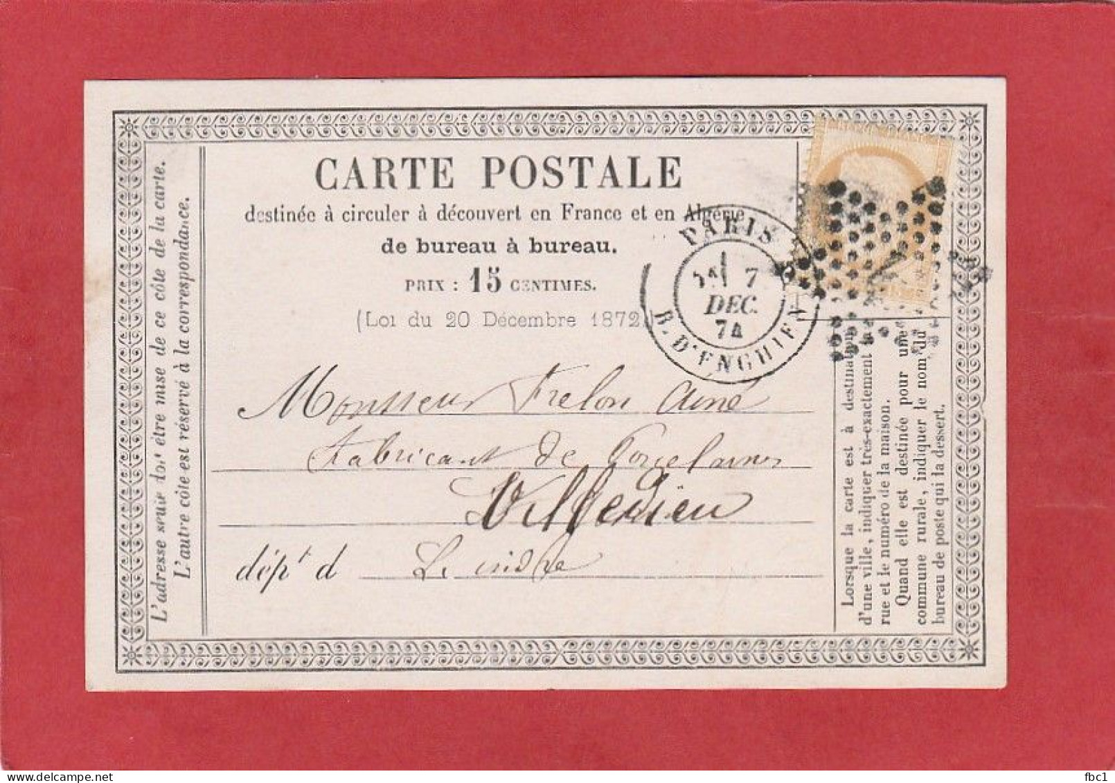 Carte Postale - Paris Rue D'Enghien Sur Cérès N°55 15C Vers Villedieu 1874 - Precursor Cards