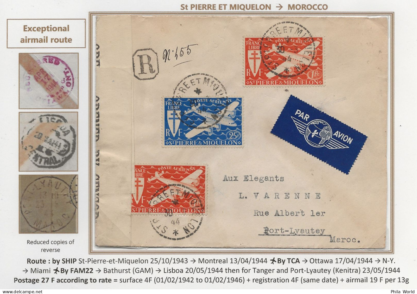 PANAM St Pierre Miquelon Lettre 1944 PAR AVION PA FRANCE LIBRE MAROC Port Lyautey MONTREAL TCA Miami Lisbonne Tanger - Storia Postale