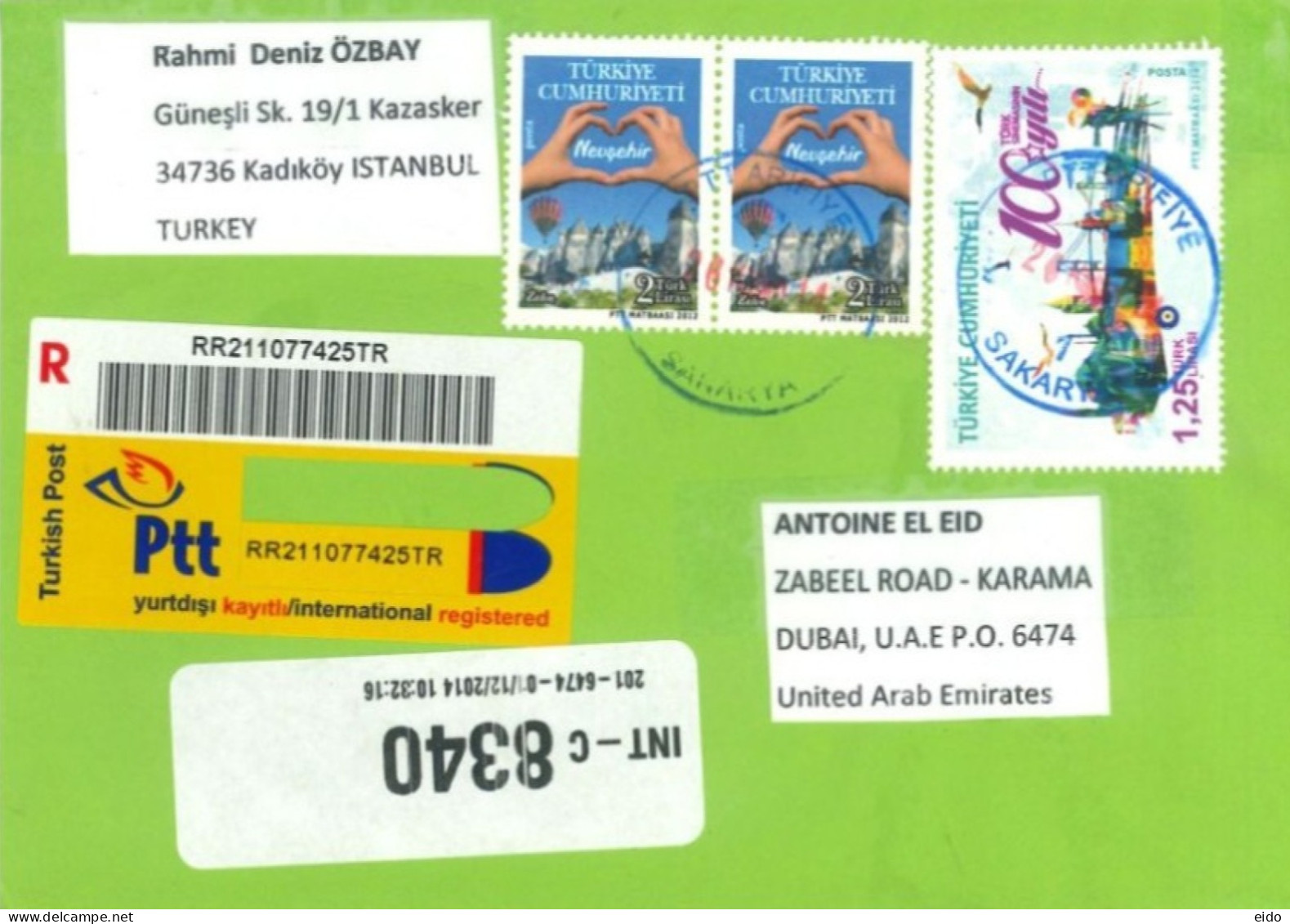 TURKEY : 2014 - REGISTERED STAMPS COVER TO DUBAI. - Covers & Documents