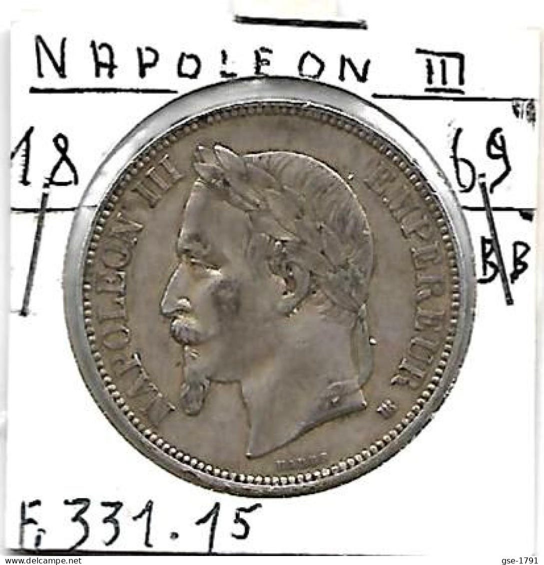 FRANCE NAPOLEON III  5 Francs Argent # 331 ,tête Laurée , 1869 BB  , TTB - 5 Francs