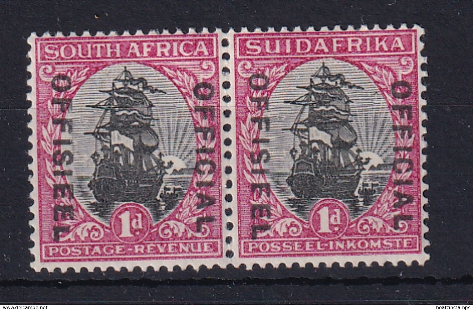 South Africa: 1930/47   Official - Ship   SG O13cw?    1d   [Type I] [broken 'I' And 'E' In 'Offisieel']  MH Pair - Servizio