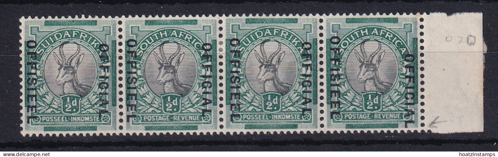 South Africa: 1930/47   Official - Springbok   SG O12?    ½d  ['Official' Dropped]  MH Strip Of 4 - Officials