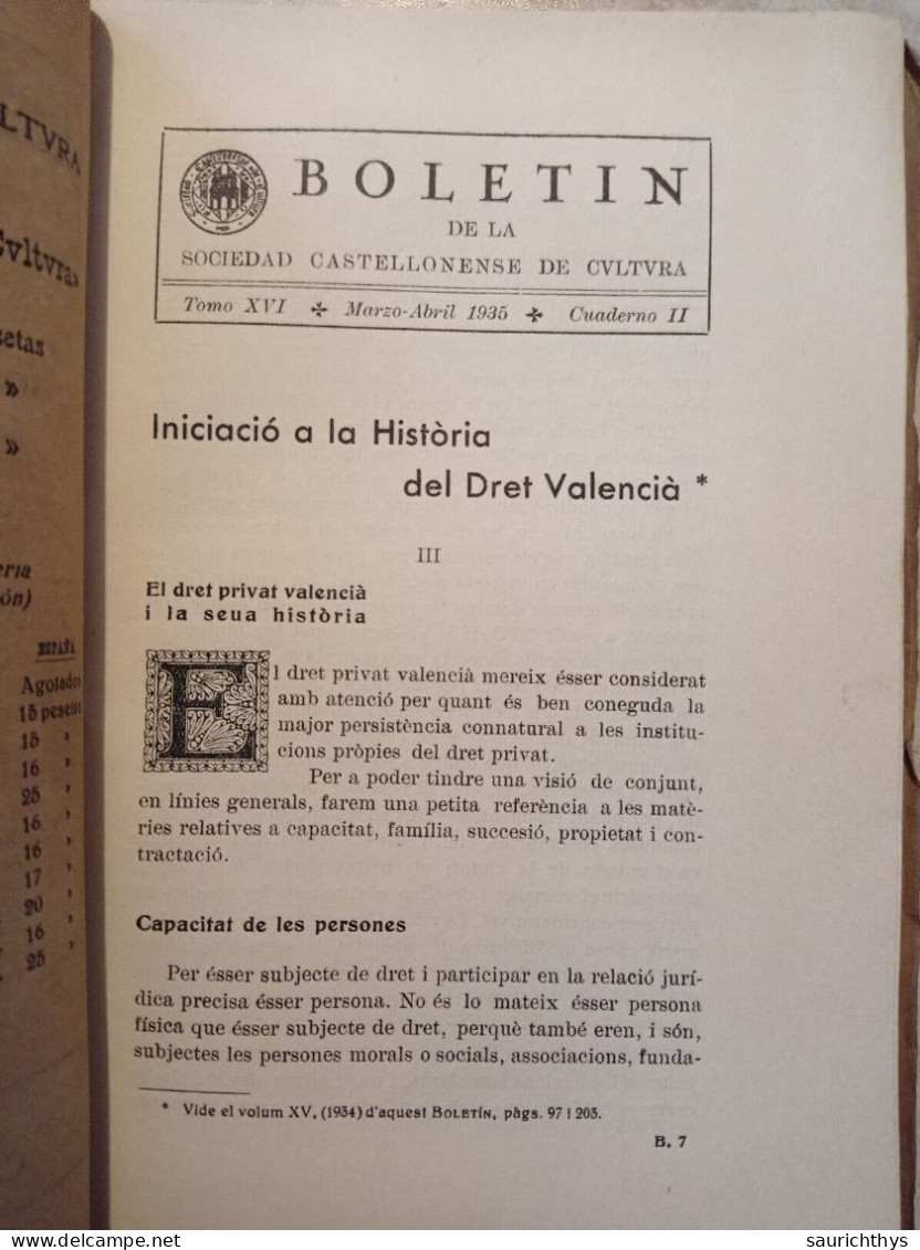 Boletin De La Sociedad Castellonense De Cultura Castellon 1935 Historia Del Dret Valencià La Rambla De La Vluda - Cultural