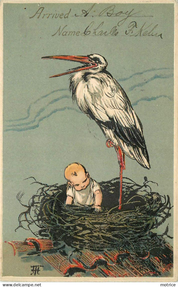 ENFANT ET CIGOGNE - Faire Part De Naissance, Carte Gaufrée Illustrée. - Naissance