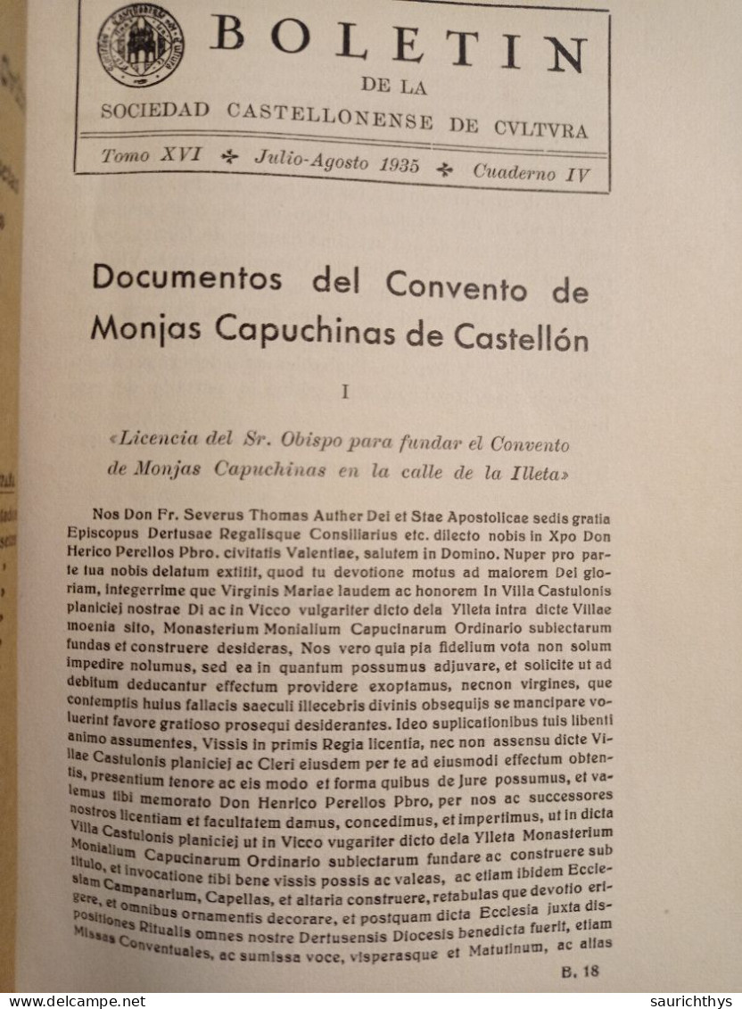 Boletin De La Sociedad Castellonense De Cultura Castellon 1935 Convento De Monjas De Castellon - Archeologia - Culture