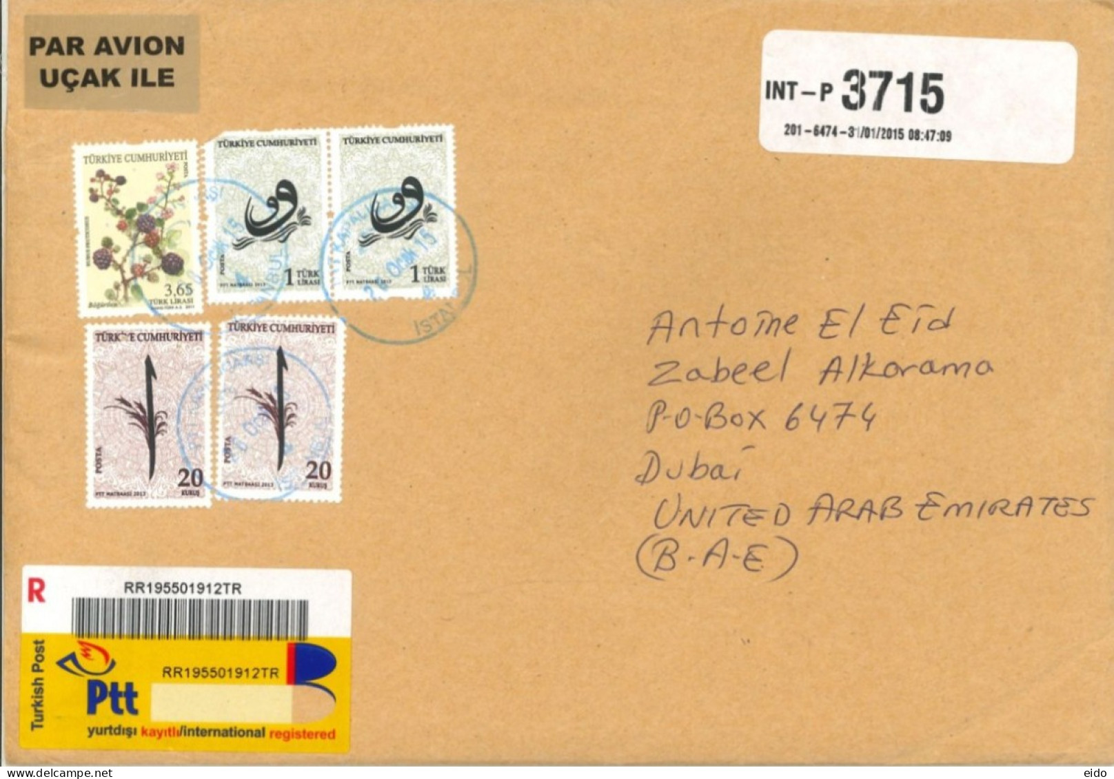 TURKEY : 2015 - REGISTERED STAMPS COVER TO DUBAI. - Covers & Documents