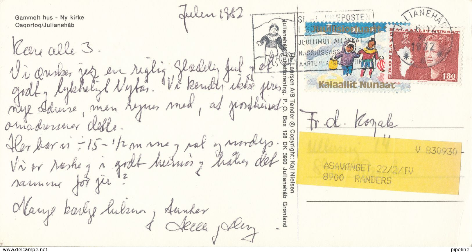 Greenland Postcard Christmas Card Sent To Denmark Julianehab 6-12-1982 - Groenland