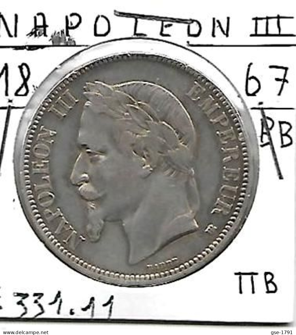 FRANCE NAPOLEON III  5 Francs Argent # 331 ,tête Laurée , 1867 BB  , TTB - 5 Francs