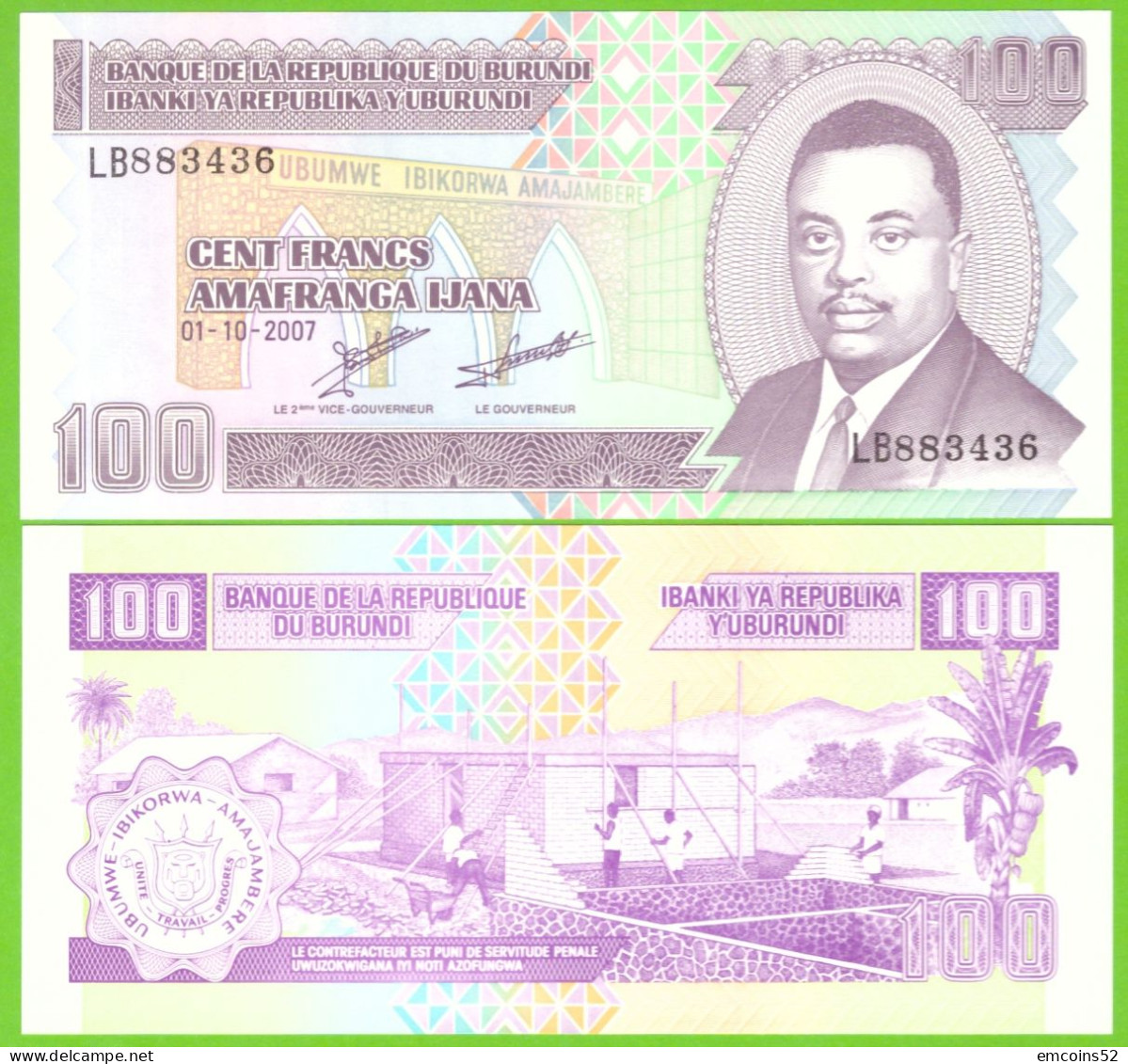 BURUNDI 100 FRANCS 2007 P-37f  UNC - Burundi