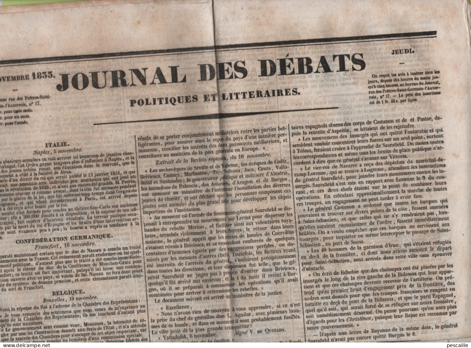 JOURNAL DES DEBATS 21 11 1833 - NAPLES - BRUXELLES - JAMAIQUE - ESPAGNE / PORTUGAL / SUCCESSION / BAYONNE / BEHOBIE ... - 1800 - 1849