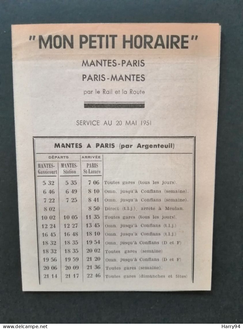 Mon Petit Horaire Mantes-Paris Paris-Mantes Par Le Rail Et La Route Service Au 20 Mai 1951 - Europa