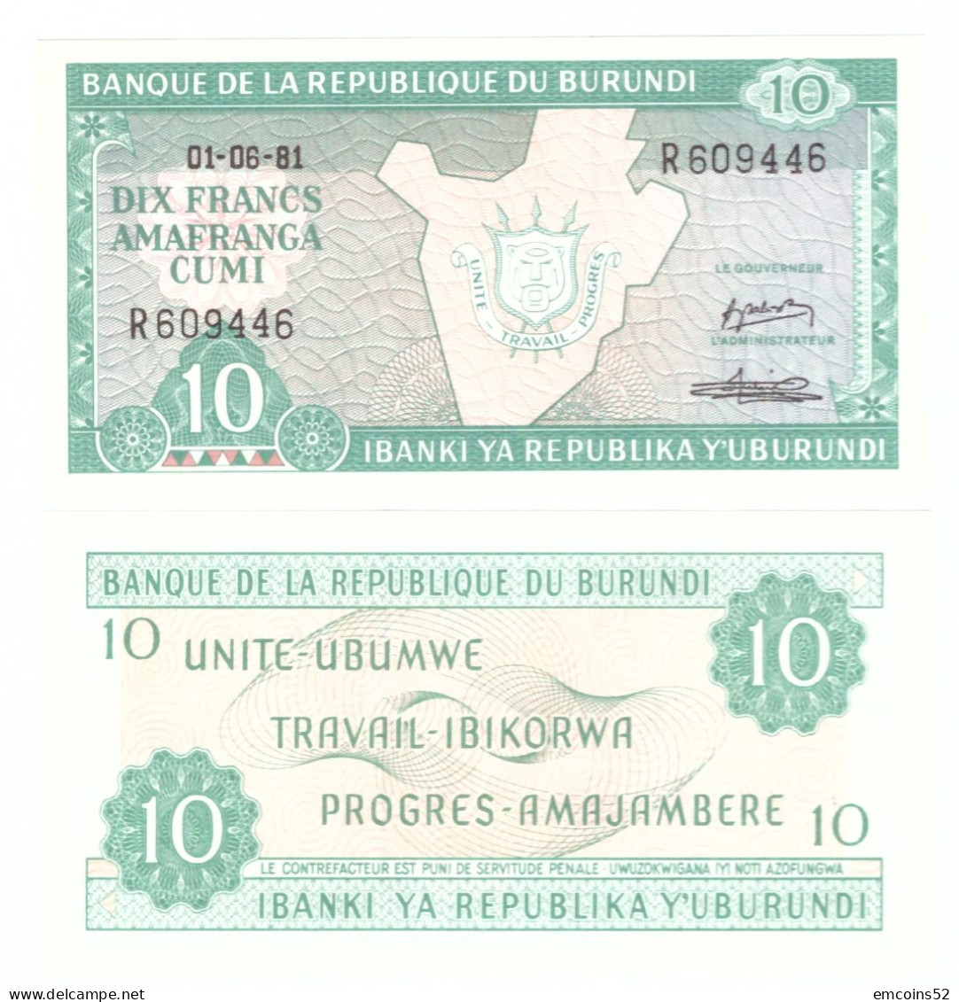 BURUNDI 10 FRANCS 1981 P-33a  UNC - Burundi