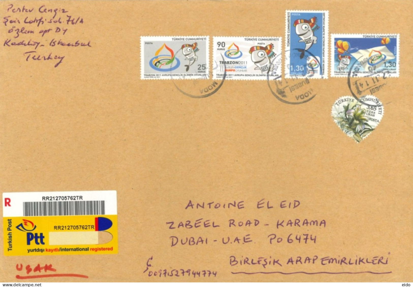 TURKEY : 2014 - REGISTERED STAMPS COVER TO DUBAI. - Storia Postale