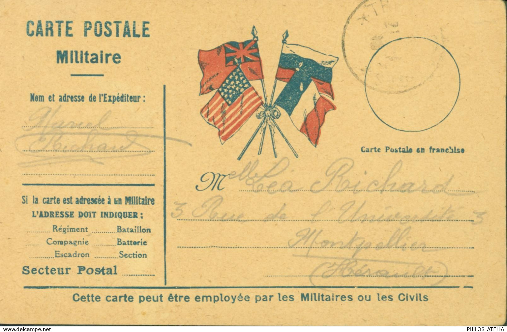 Guerre 14 Rare CP Militaire CPFM 4 Drapeaux USA France Russie Grande Bretagne CAD Trésor & Poste 20 1 1918 - Guerra De 1914-18