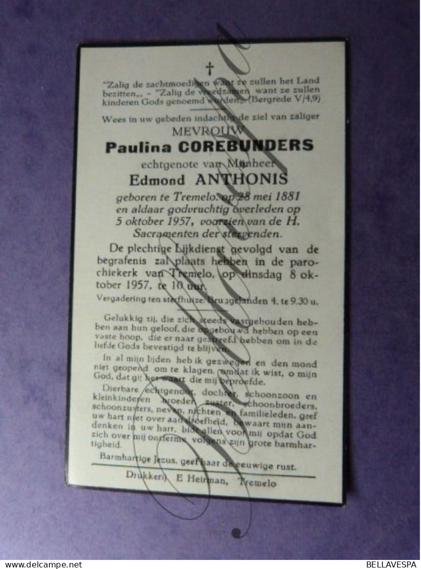 Tremelo -Pauline COREBUNDERS Echt E. ANTHONIS  1881 -1957 - Kommunion Und Konfirmazion