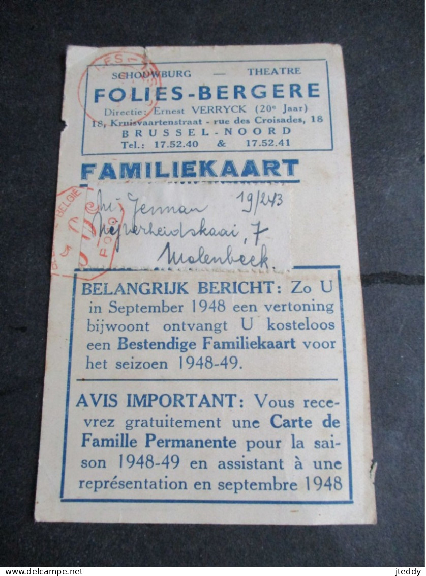 Lot Van 2 Stuks   1945--48   SCHOUWBURG  --THEATRE  FOLIES -  BERGERE   BRUSSEL - Noord - Feesten En Evenementen