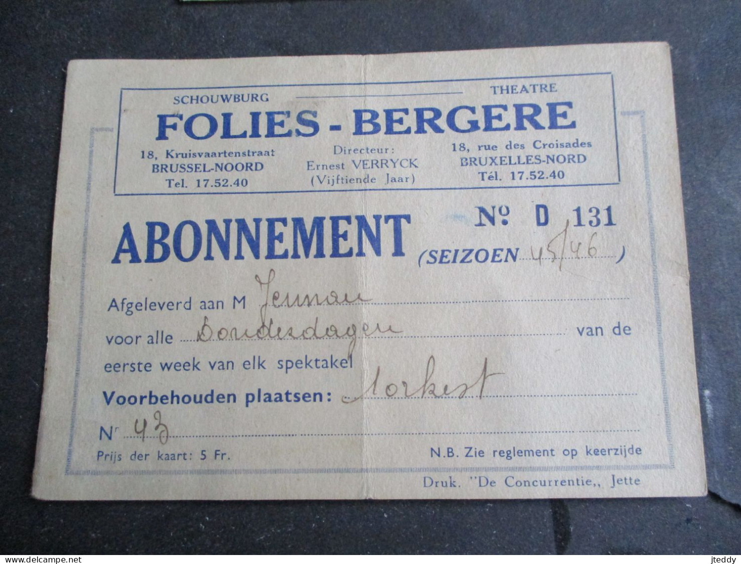 Lot Van 2 Stuks   1945--48   SCHOUWBURG  --THEATRE  FOLIES -  BERGERE   BRUSSEL - Noord - Feesten En Evenementen