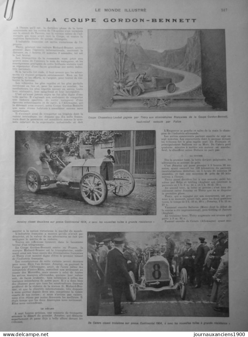 1904 1905 VOITURE COURSE COUPE GORDON BENNETT THERY 7 JOURNAUX ANCIENS