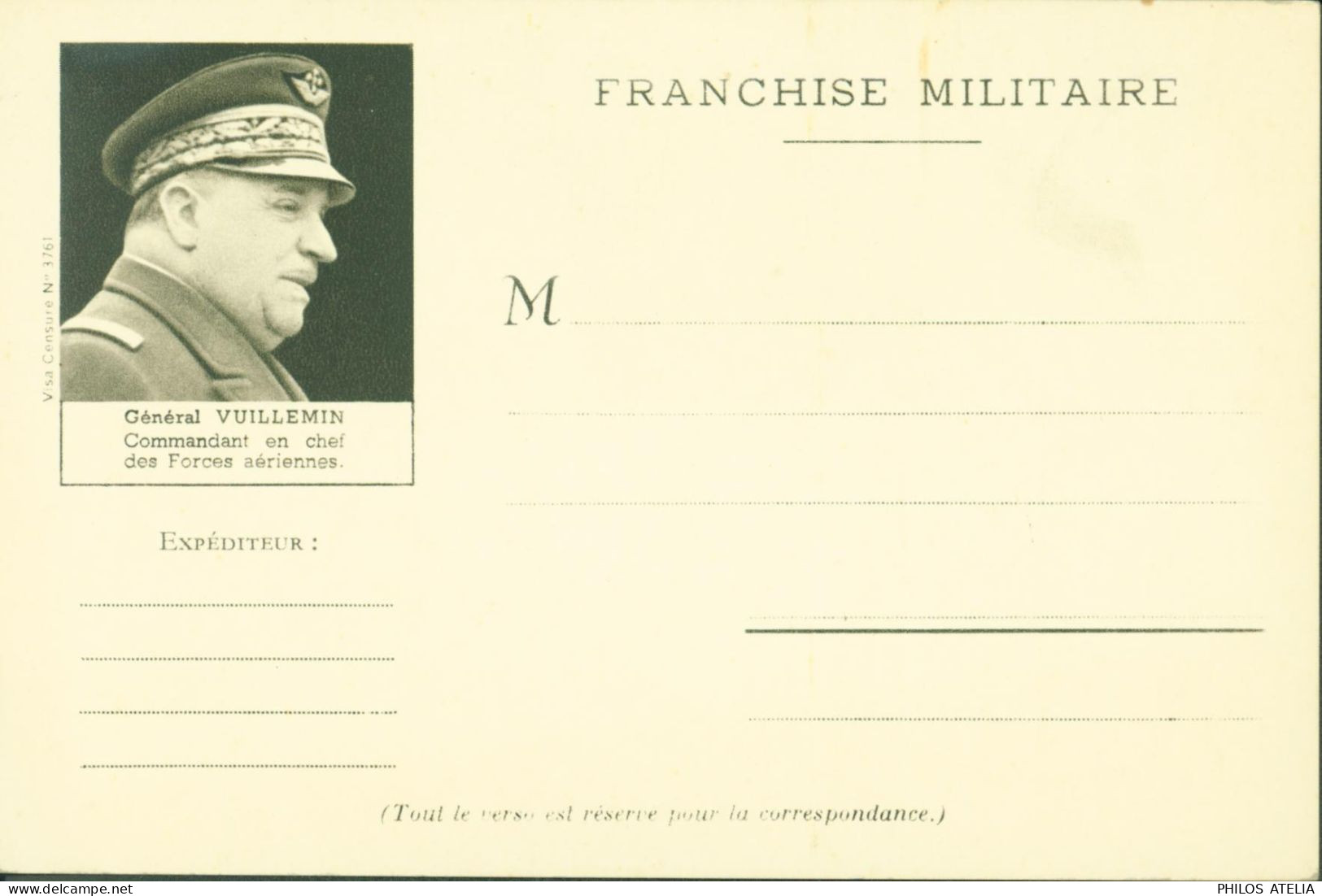 Guerre 40 CP FM CPFM Carte Postale Franchise Militaire Grands Chefs Français Politiques Et Militaires Général Vuillemin - Guerre De 1939-45