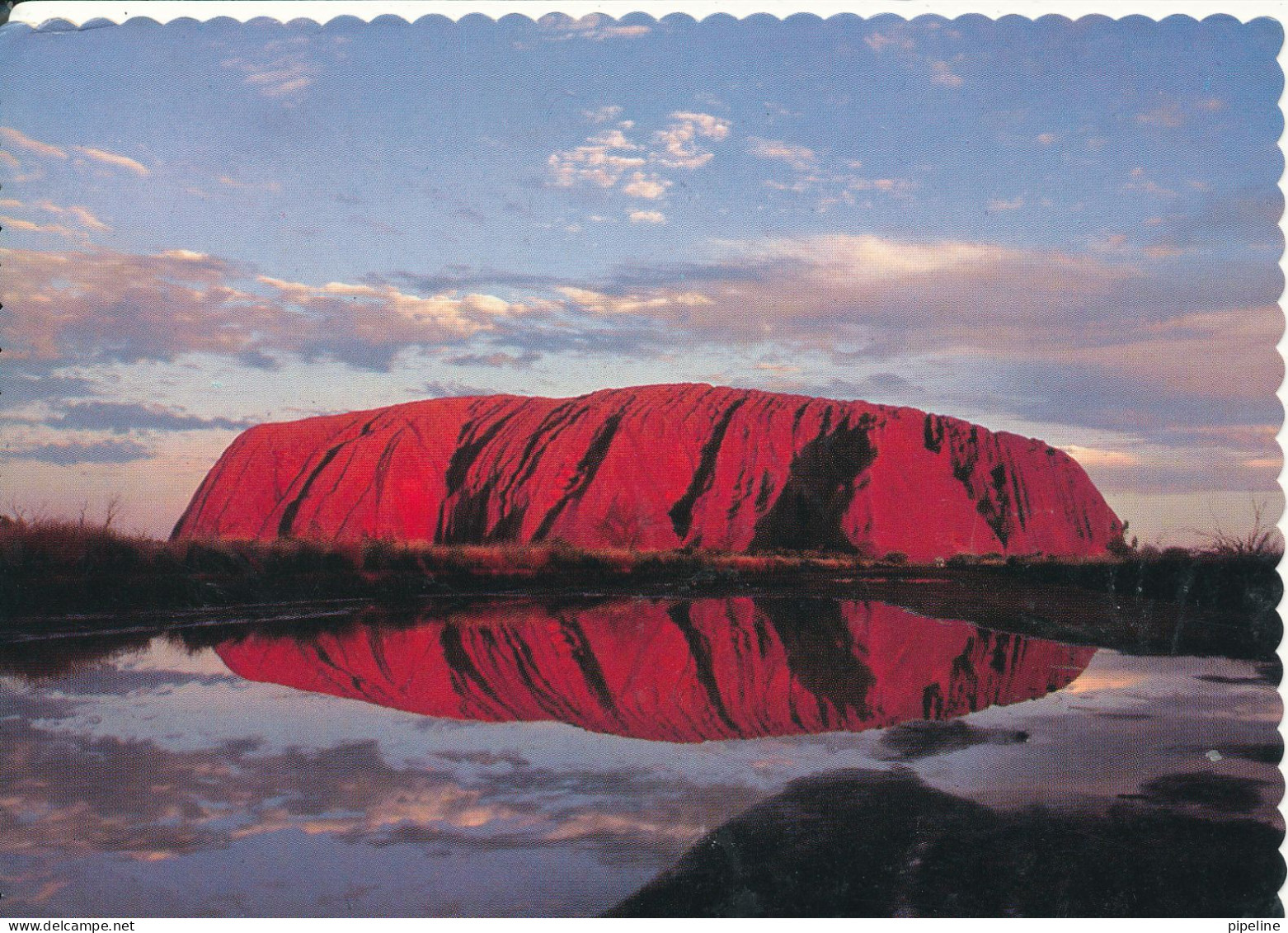 Australia Postcard Sent To Denmark 10-10-1988 (Ayers Rock Sunset Reflected In A Pool Of Water) - Alice Springs