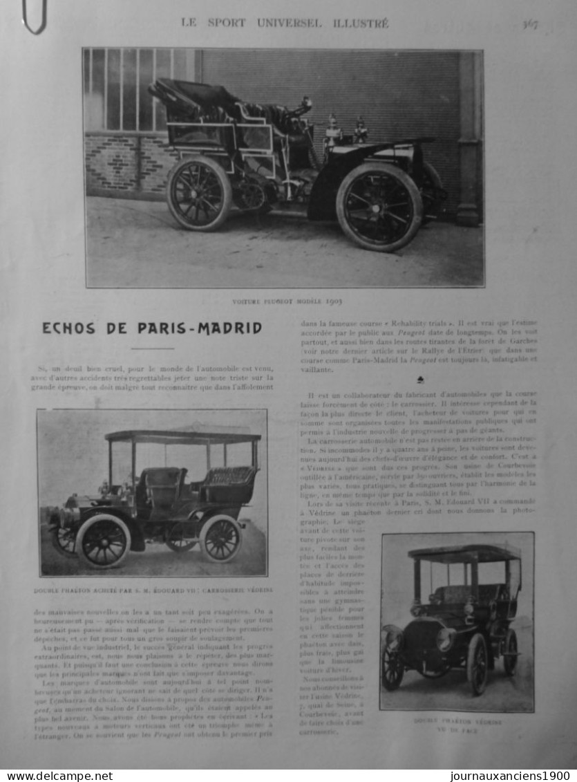 1903 VOITURE COURSE PARIS MADRID DION BOUTON SOREL 4 JOURNAUX ANCIENS - Ohne Zuordnung