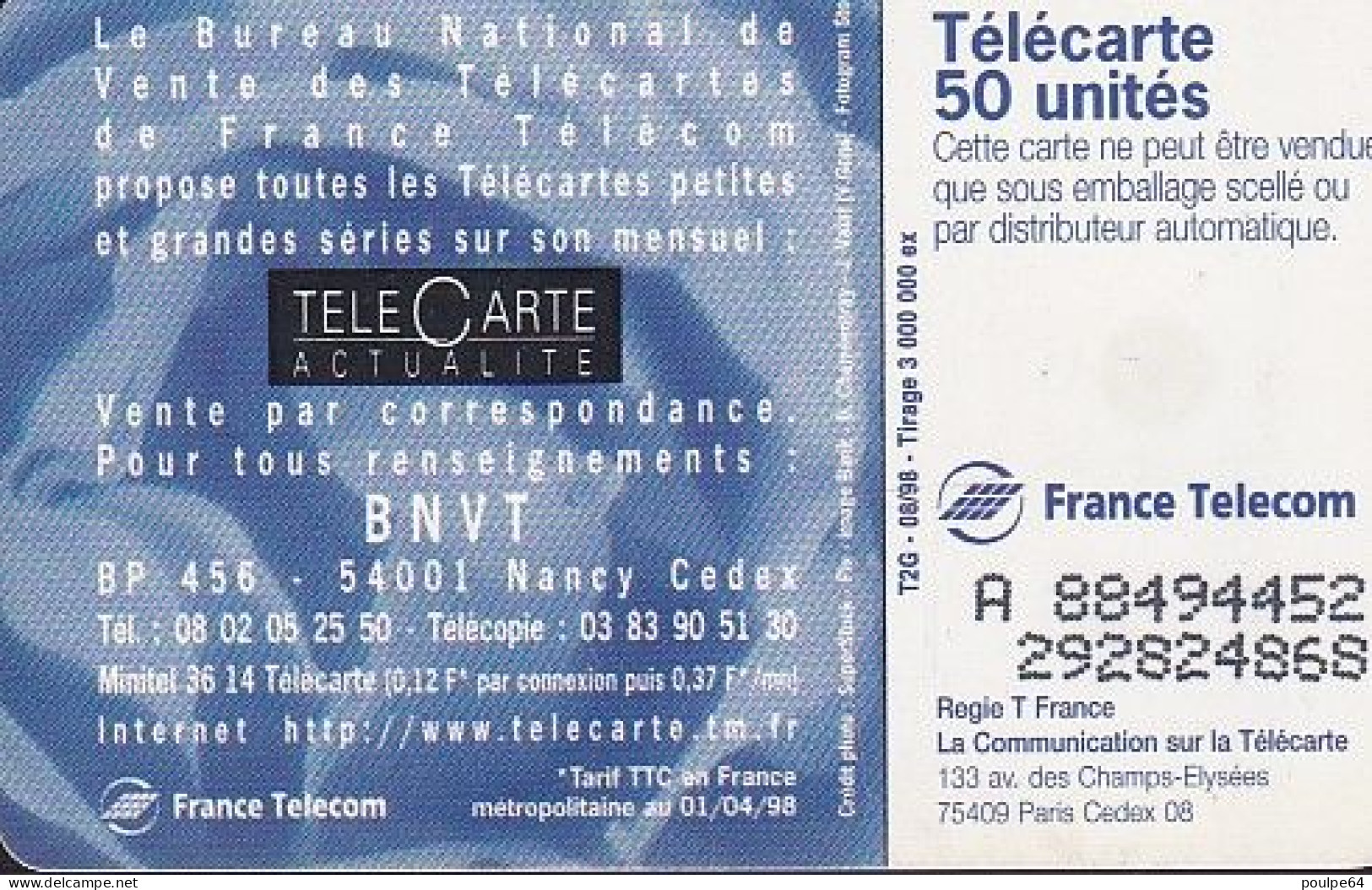 F900D 08/1998 - B.N.V.T. 98 - 50 SO3- (verso : N° Deux Lignes - 2ème Ligne Vers La Droite) - 1998