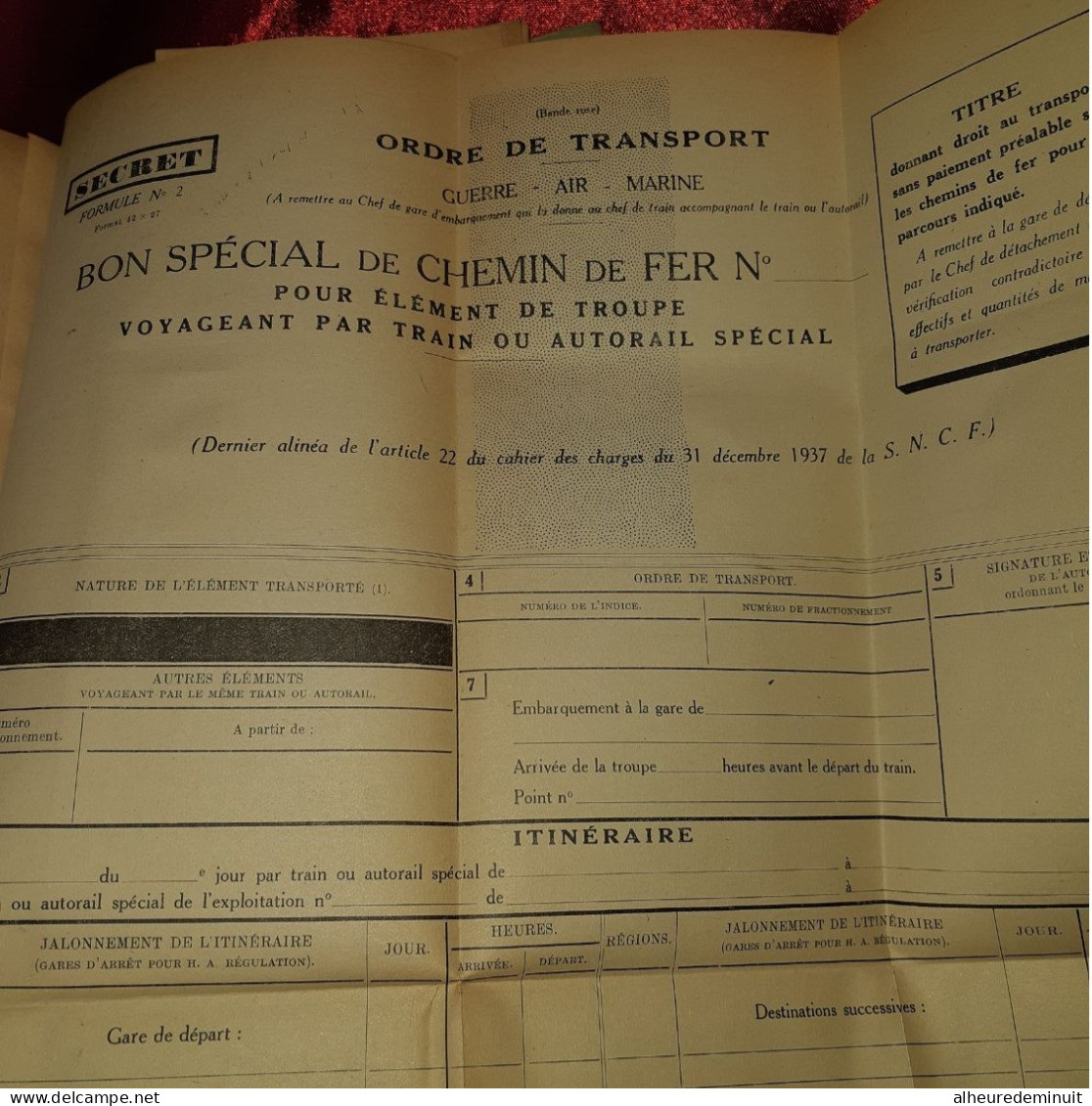 Transport de personnel par chemin de fer"Documents aux formation des trois armées"GUERRE"AIR"MARINE"S.N.C.F"Rail"TRAIN"1