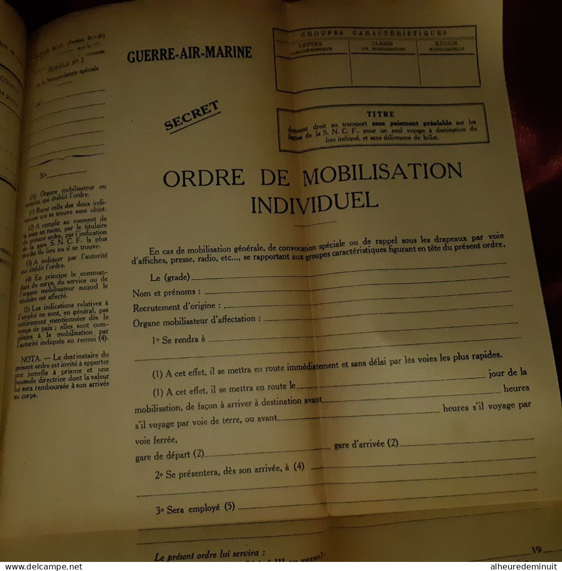 Transport de personnel par chemin de fer"Documents aux formation des trois armées"GUERRE"AIR"MARINE"S.N.C.F"Rail"TRAIN"1