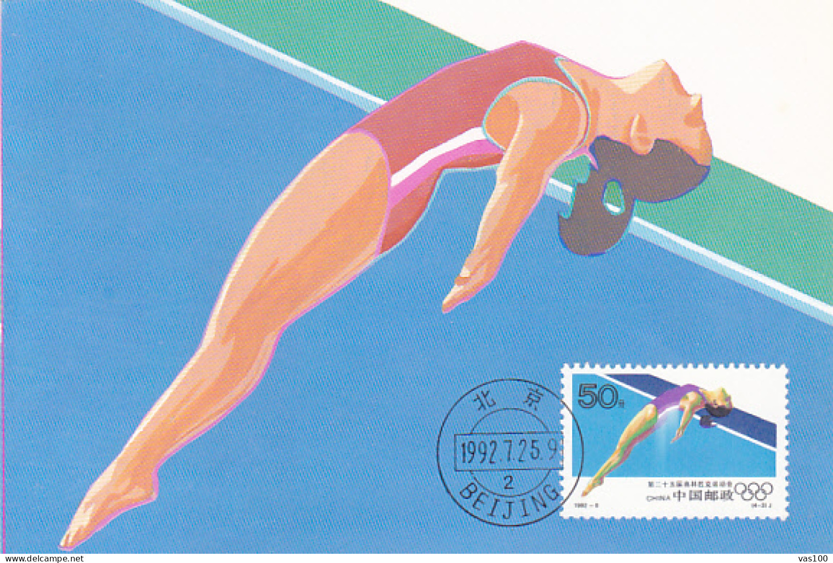 SPORTS, DIVING, BARCELONA'92 OLYMPIC GAMES, CM, MAXICARD, CARTES MAXIMUM, 1992, CHINA - Immersione