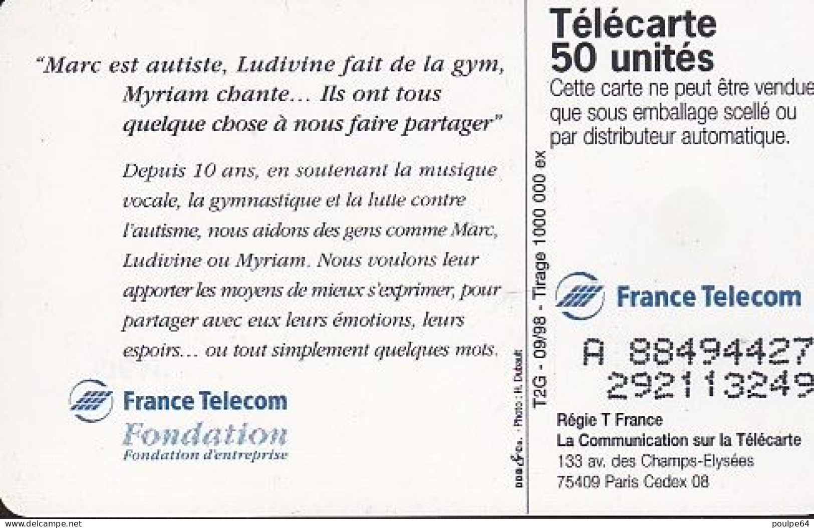 F911 09/1998 - MUSIC GYM AUTISTE - 50 SO3 - (verso : N° Deux Lignes - 2ème Ligne Vers La Doite) - 1998