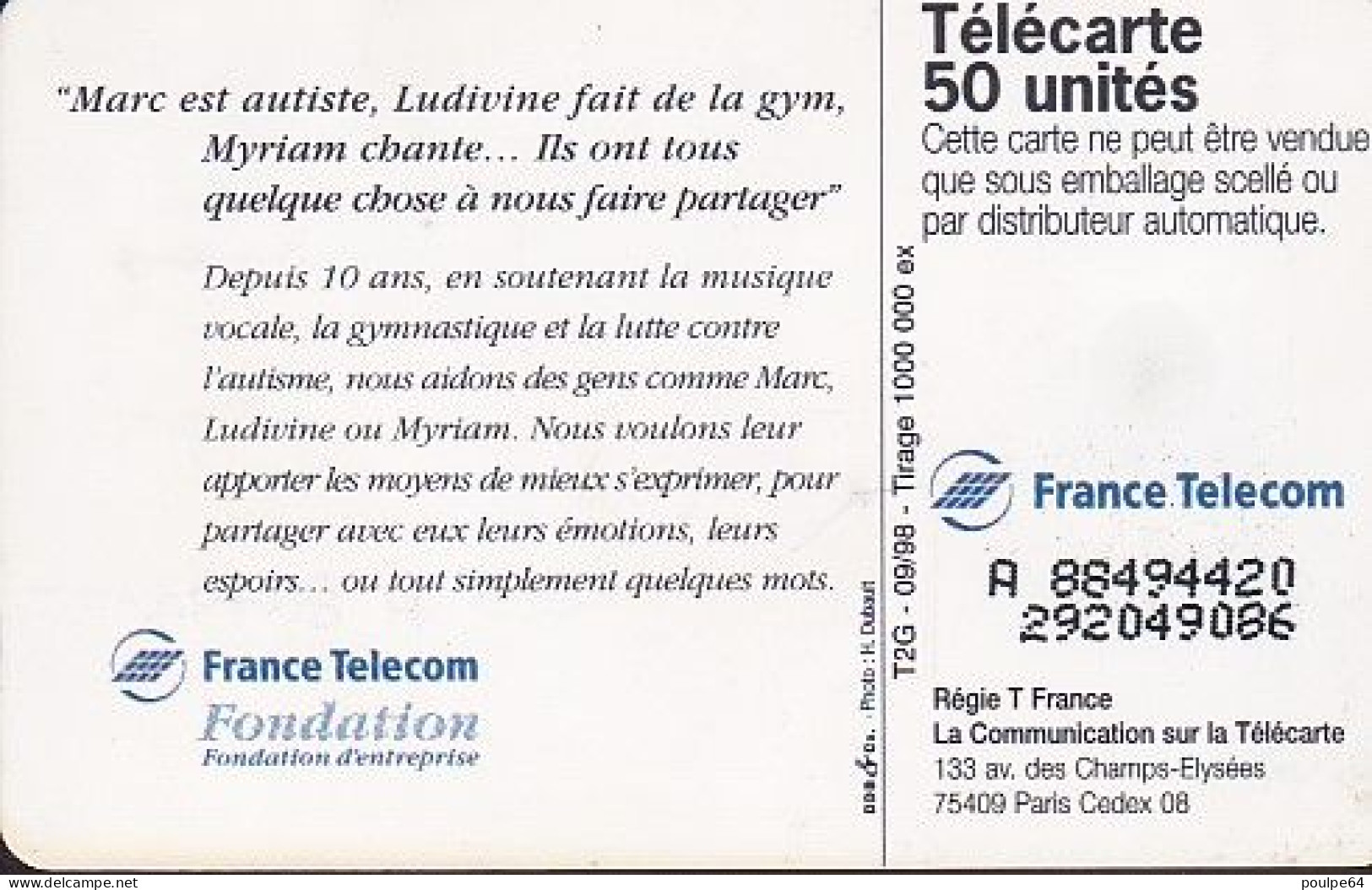 F911 09/1998 - MUSIC GYM AUTISTE - 50 SO3 - (verso : N° Petits Deux Lignes - 2ème Ligne Vers La Gauche Sous Le A) - 1998