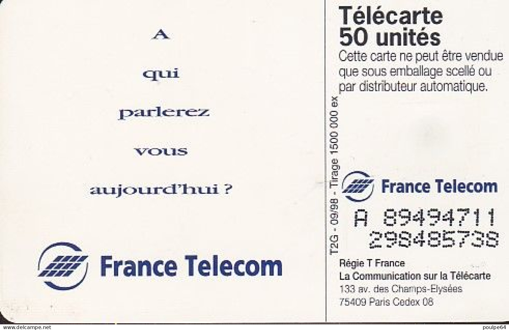 F916 09/1998 - PUBLI-DAME - 50 SO3 - (verso : N° Impacts Deux Lignes - 2ème Ligne Vers La Droite) - 1998