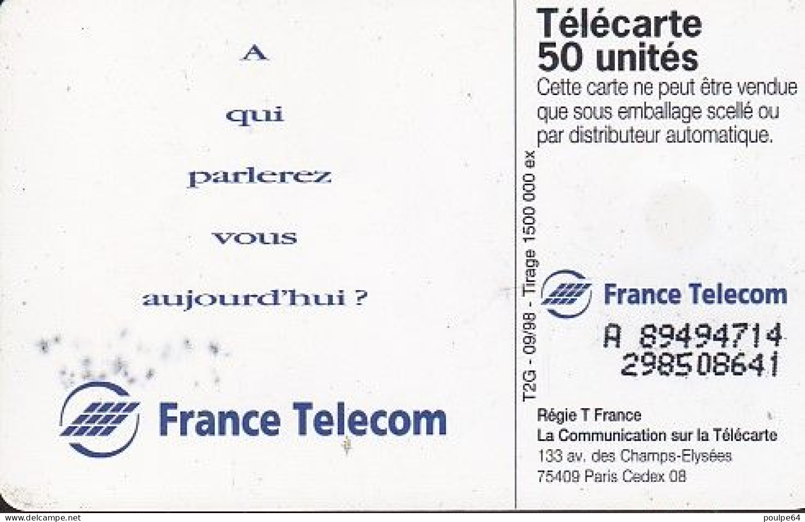 F916 09/1998 - PUBLI-DAME - 50 SO3 - (verso : N° Petits Deux Lignes - 2ème Ligne Vers La Droite) - 1998