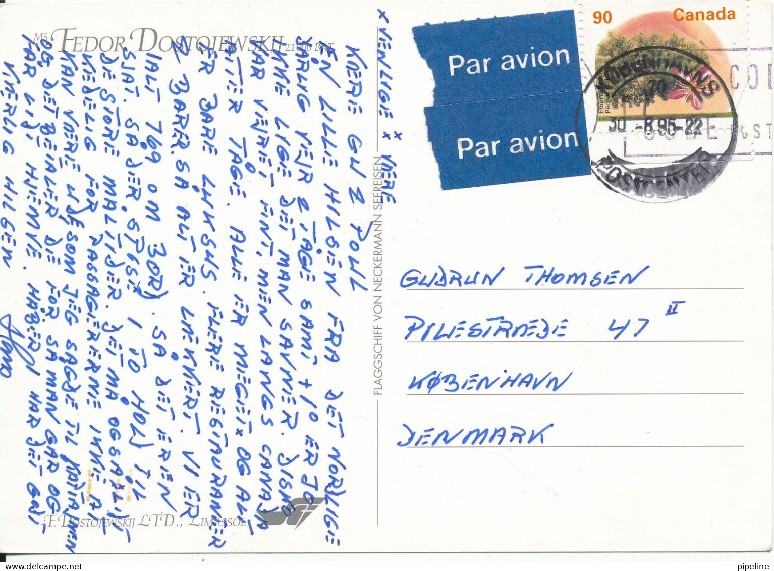 Canada Postcard Sent To Denmark 30-8-1995 (MS Tedor Dostojewskij Neckermann Seereisen) - Modern Cards