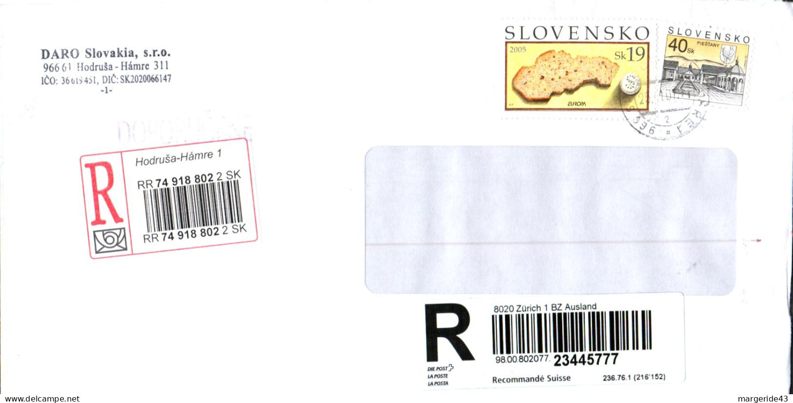 SLOVAQUIE AFFRANCHISSEMENT COMPOSE SUR LETTRE RECOMMANDEE POUR LA SUISSE 2007 - Covers & Documents