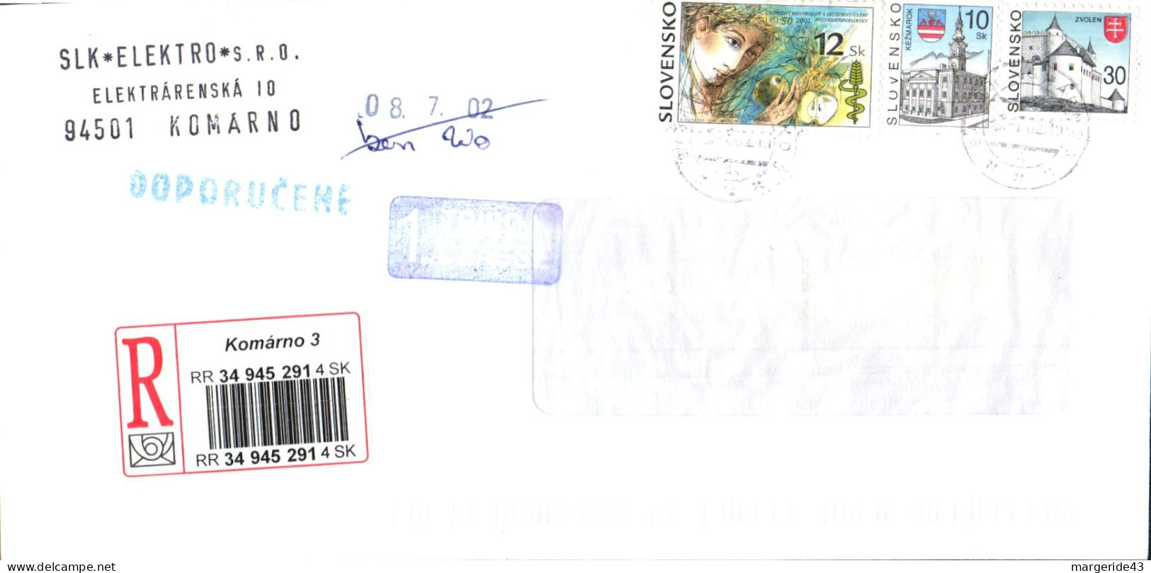 SLOVAQUIE AFFRANCHISSEMENT COMPOSE SUR LETTRE RECOMMANDEE POUR LA SUISSE 2002 - Cartas & Documentos