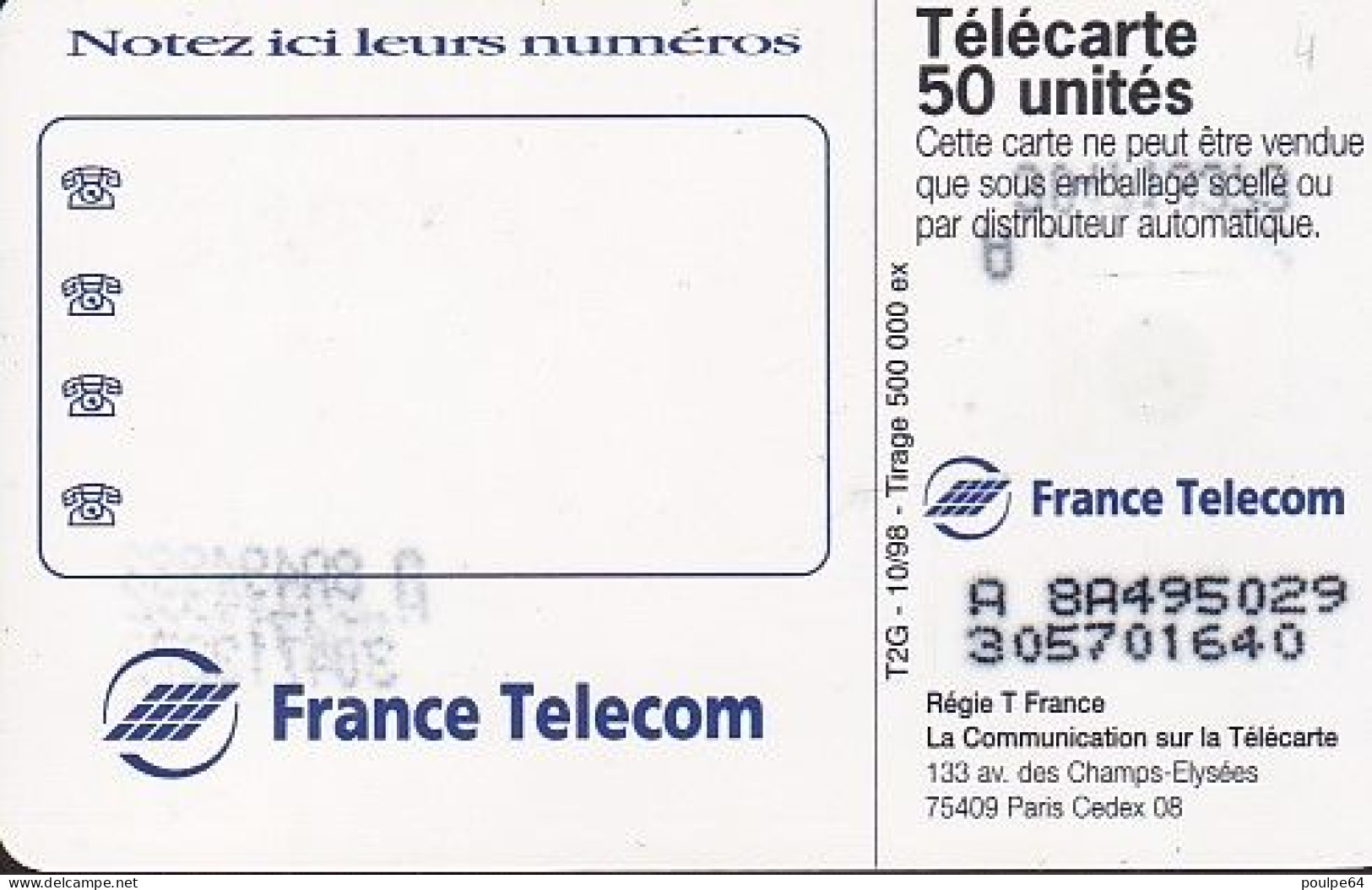 F916A 10/1998 - PUBLI-DAME - 50 SO3 - (verso : N° Deux Lignes - 2ème Ligne Vers La Gauche Sous Le A) - 1998